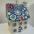 Large squat porcelain table-lamp house, flowers, bright blue with multicolour