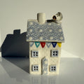 Small porcelain tea-light house, original daisies, pastel (pale blue)