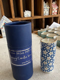 Small porcelain candle vase, daisies, bright blue with gold detail