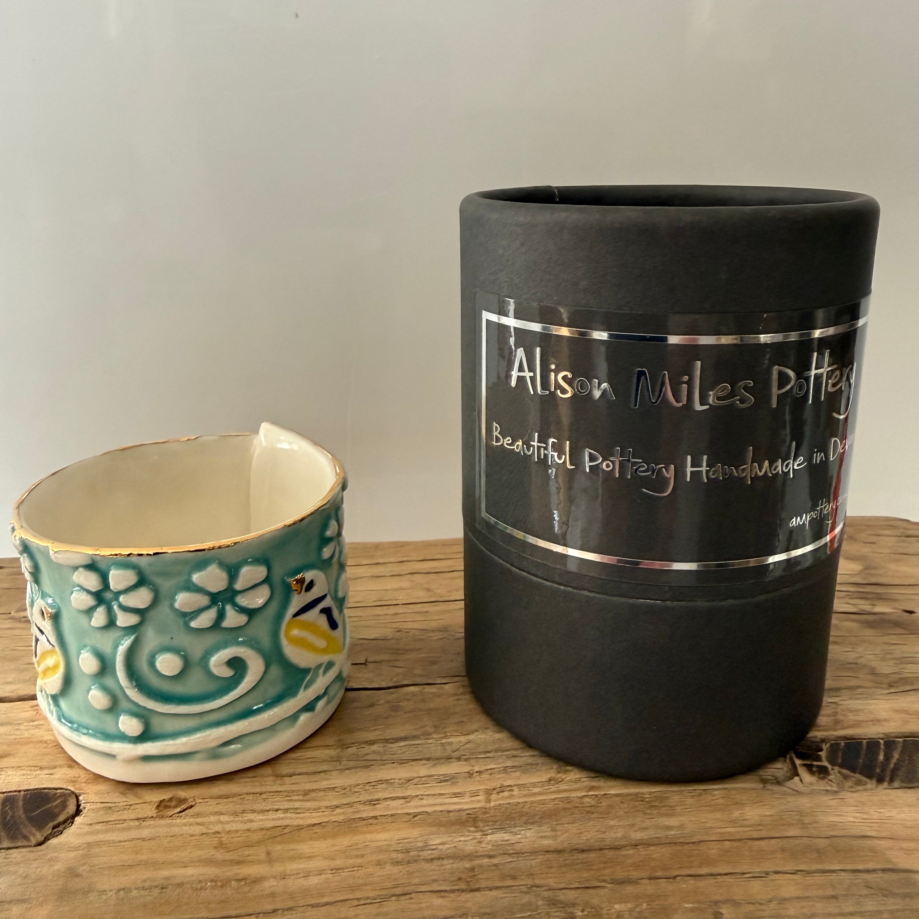 Porcelain tea-light holder, blue tits, turquoise with cobalt, naples and gold detail