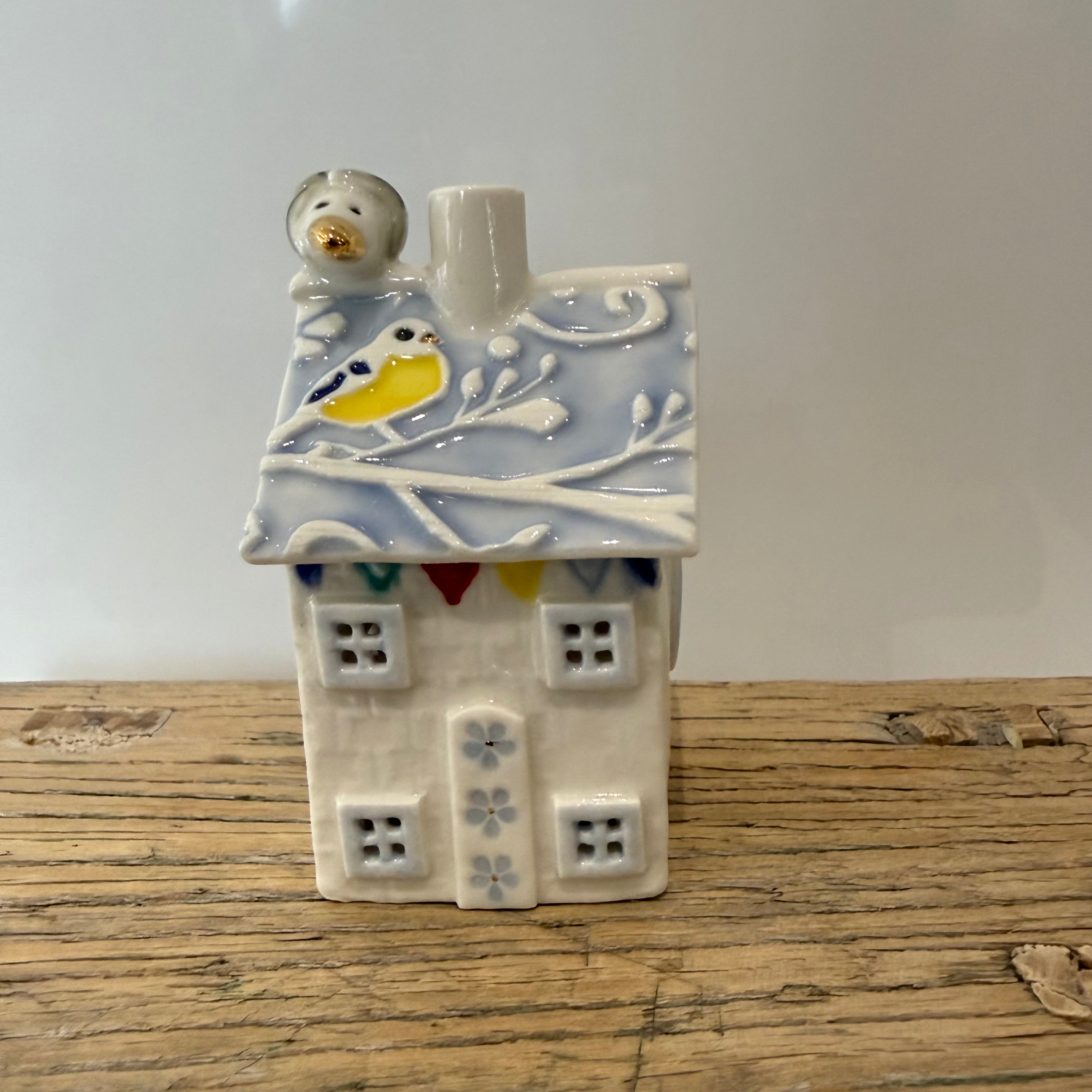 Small porcelain tea-light house, blue tits, pastel (light blue) with gold detail