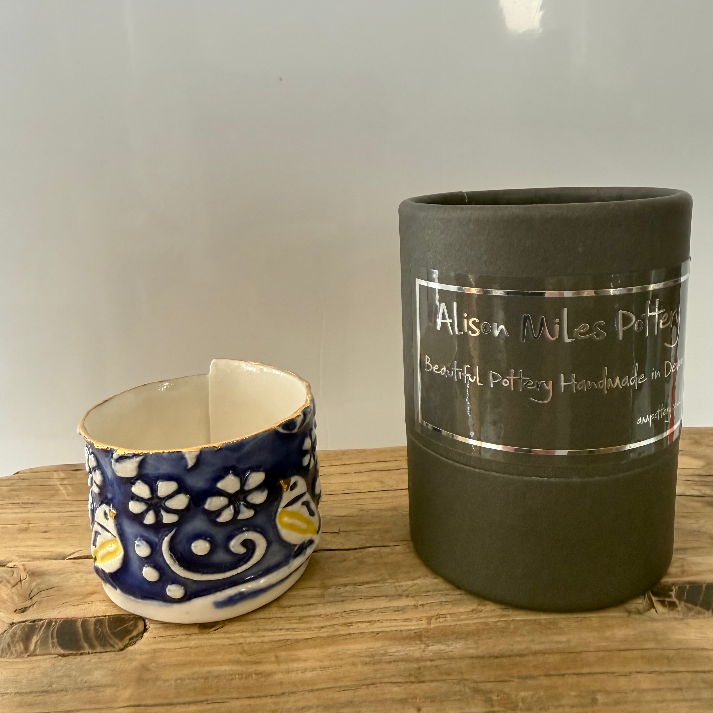 Porcelain tea-light holder, blue tits, cobalt with naples and gold detail