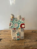 Small porcelain tea-light house, original flowers, turquoise, pastel and red with gold detail