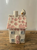 Small porcelain tea-light house, daisies 1, pink with gold detail