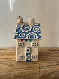 Small porcelain tea-light house, original flowers, bright blue with gold detail